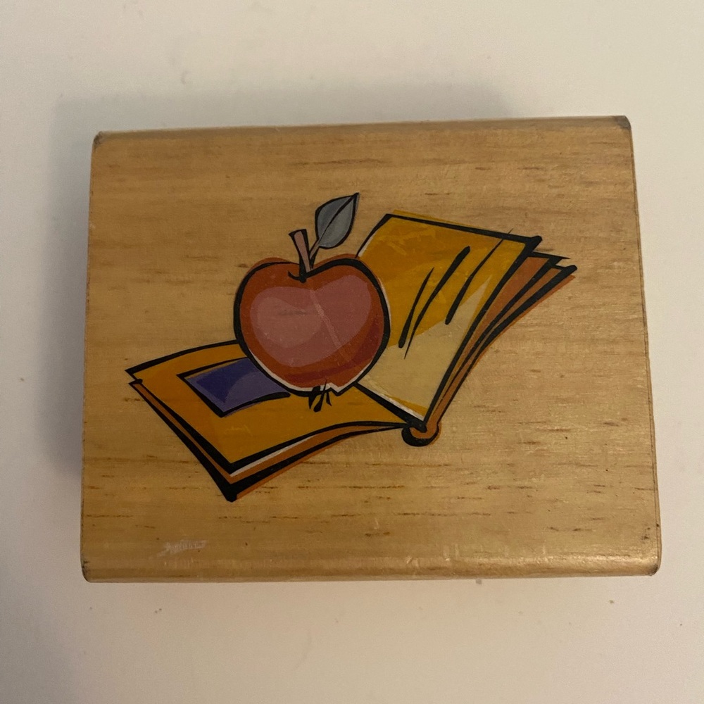 Apple and book rubber stamp
